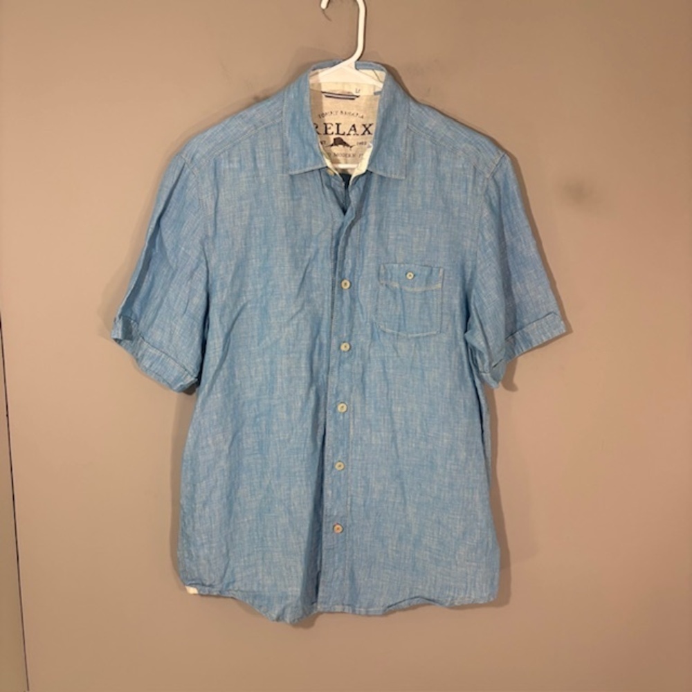 Tommy Bahama Shirt Mens Small Blue Solid Linen Short Sleeve Button Up Casual